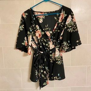 Romwe Floral Belt Tie Blouse